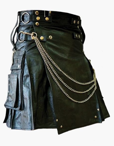 Men's Black Gothic Leather Kilt with Chains
