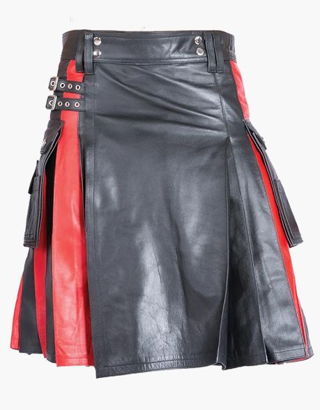 Stylish Black Leather Kilt with Red Pleated Design