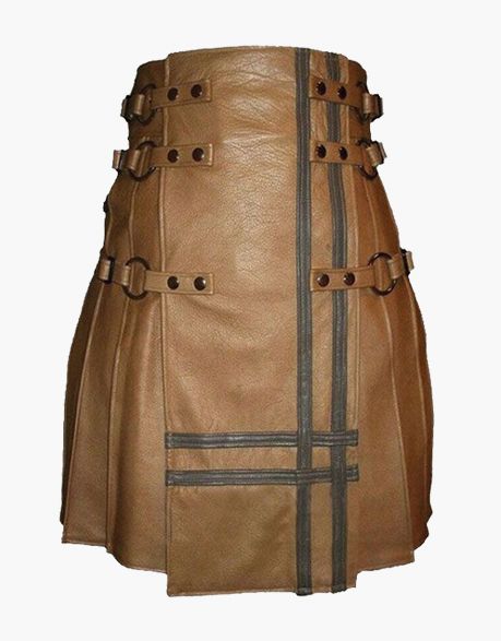 Men's Brown Leather Gothic Kilt with Black Straps