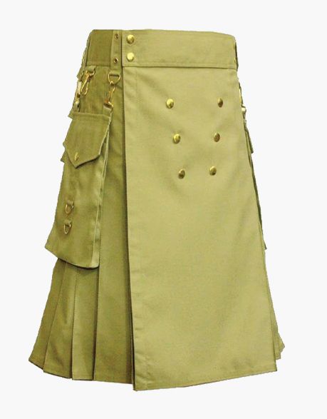 Men's Khaki Utility Kilt with Golden Button