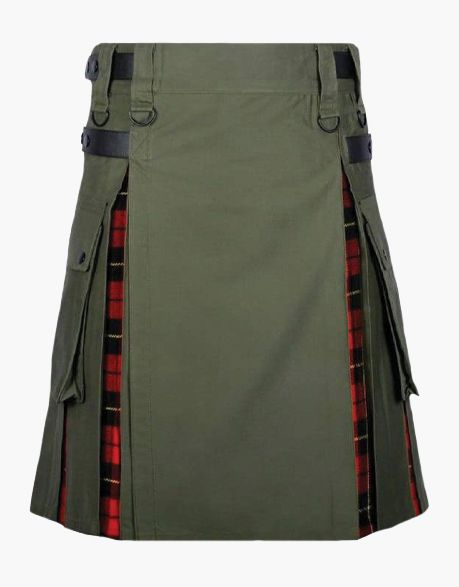 Olive Green with Wallace Tartan Hybrid Kilt