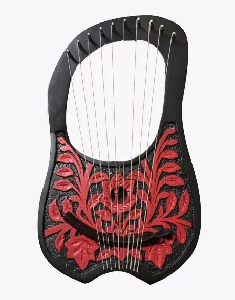 Black Rosewood Lyre Harp with Red Flower and 10 Strings