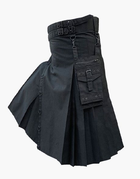 Stylish Black Utility Kilt with Fastening Straps