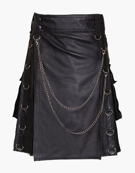 Gothic Black Leather Kilt with Silver Chains