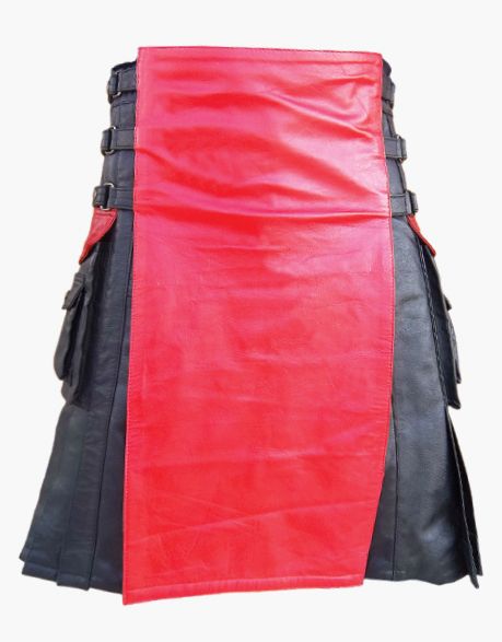 Stylish Black and Red Changeable Apron Leather Kilt