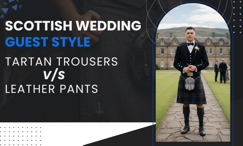 Scottish Wedding Guest Style Tartan Trousers or Leather Pants feature