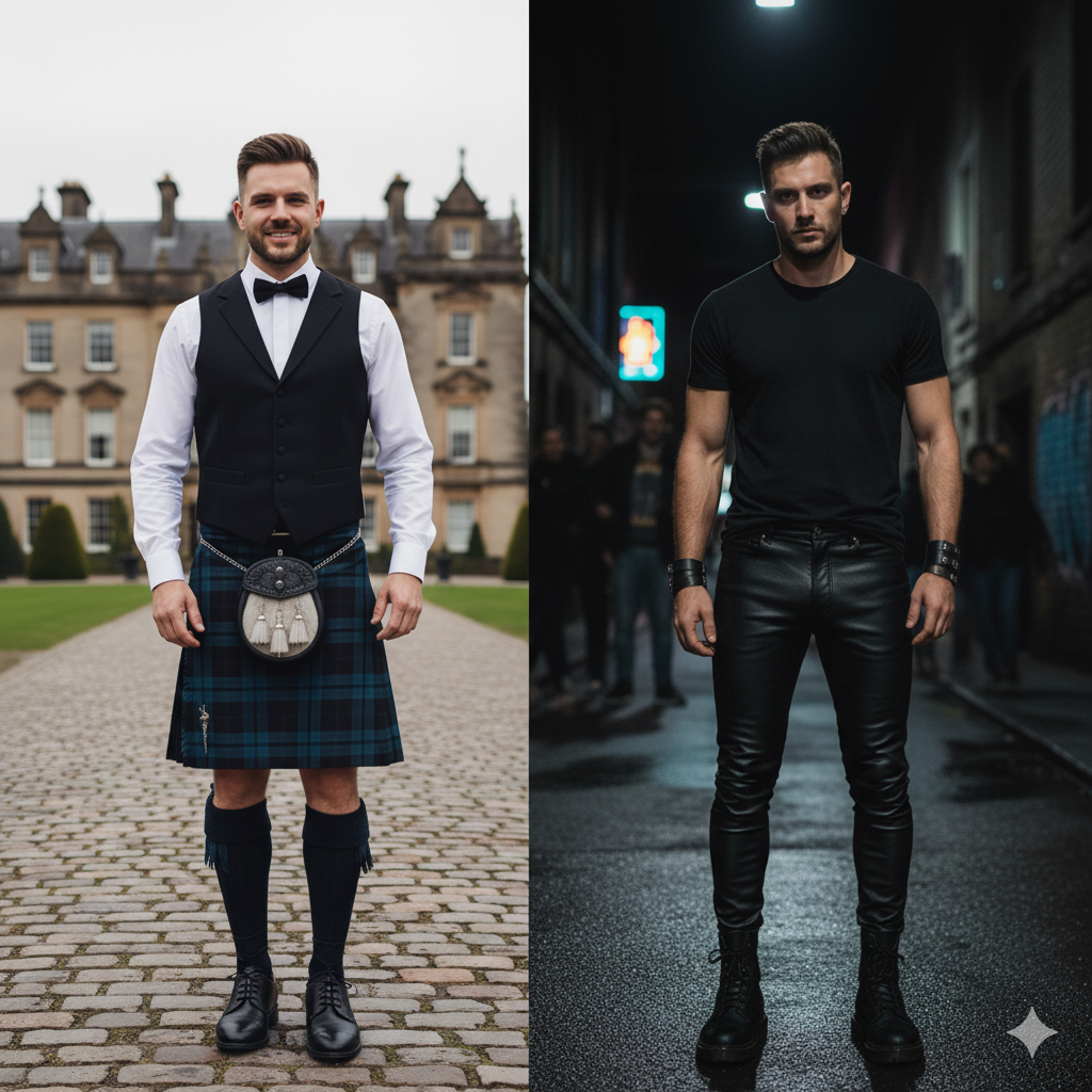 Tartan Trousers or Leather Pants as Scottish Wedding Guest Style